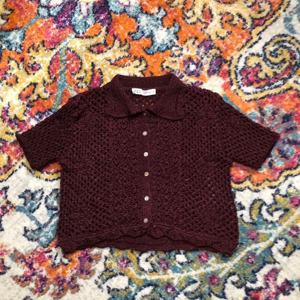 Zara Burgundy Crochet Crop Cardigan